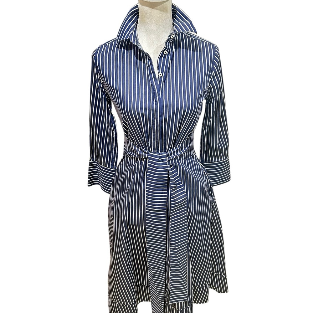 Claridge + King Classic Navy white Striped Long Sleeve shirt Dress pockets sz xs